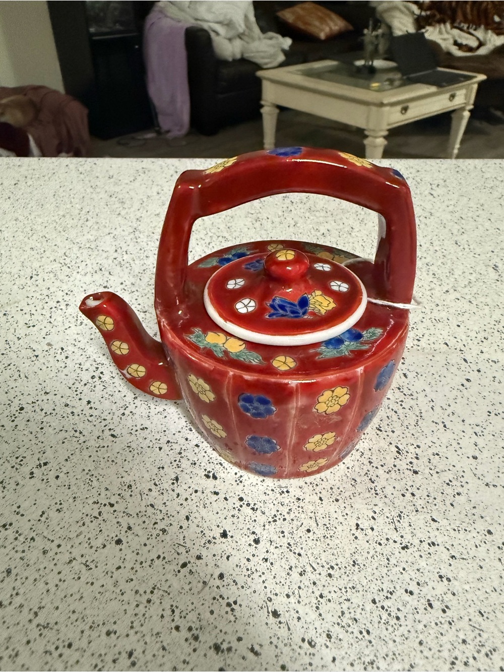 Japanese Ceramic Red Floral Pattern Teapot w/ Bamboo Handle Signed